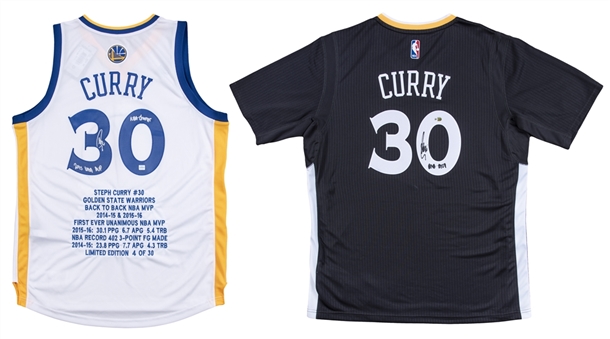 Lot of (2) Stephen Curry Signed & Inscribed San Francisco Warriors Swingman Jerseys (Fanatics & Beckett)